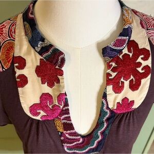 Anthropology One September Boho Flutter Sleeve Rayon Top w Embroidered Tapestry